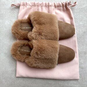 Brand New Beige/Light Brown Stuart Weitzman Edie Chill Suede & Faux Fur Mules